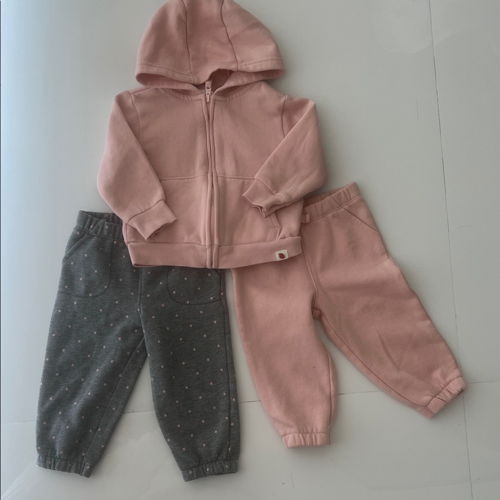 3 Piece fleece sweat suit set. Pink grey polka dots- fall winter loungewear
